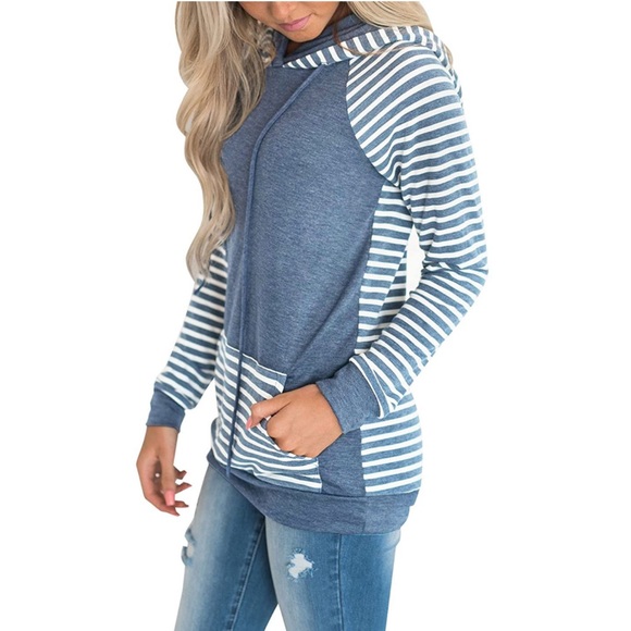 SOLD * Stripe Pullover Long Sleeve Hoodie Sweatshirt with Pockets - Picture 2 of 6